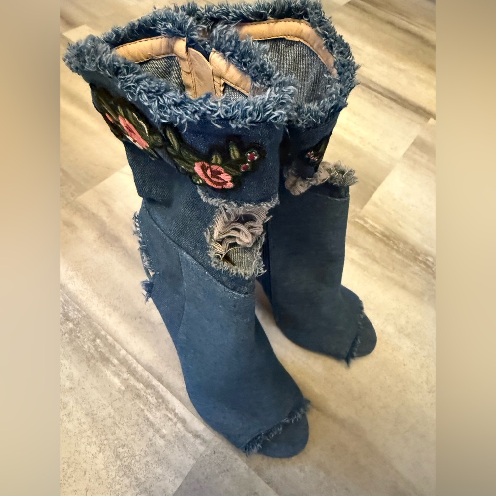 Forever 21 Blue Denim Peep-Toe Boots - Picture 3 of 8